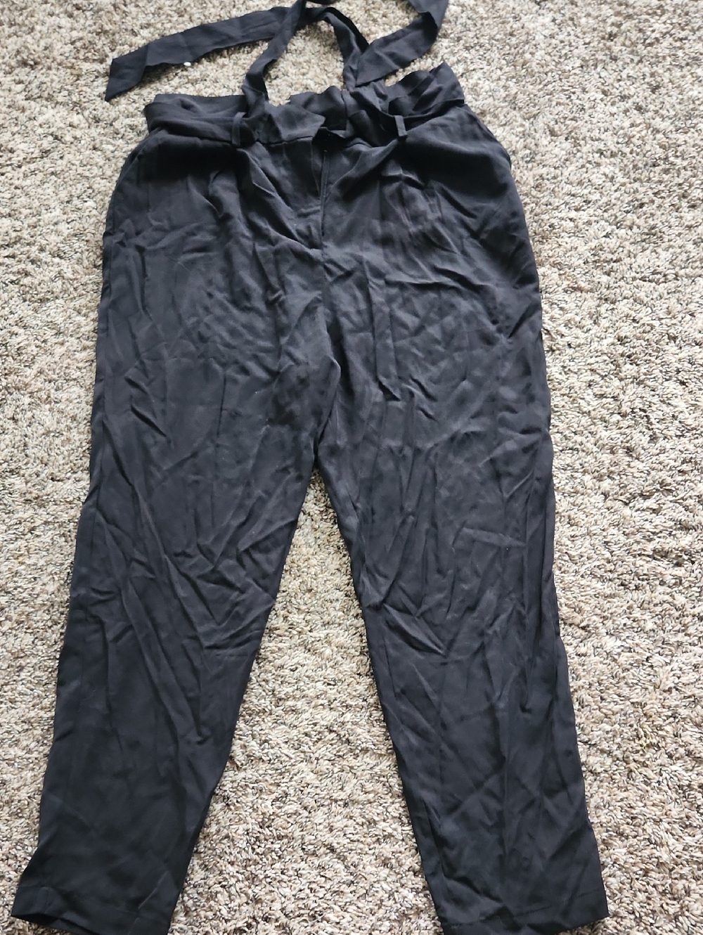 Women's High-Waist Paperbag Pants with Tie - Black